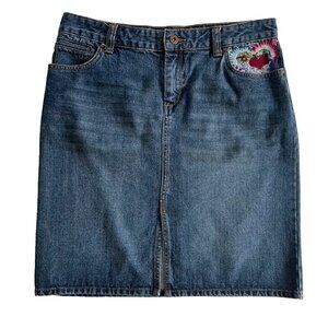 TOMMY HILFIGER Denim Blue Jean Midi Skirt Medium Wash Zip Fly Embroidered Sz 6